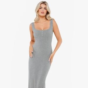 Popilush Shapewear Modal Slimming Lace Trim Henley Tank Maxi Dress Gray Small